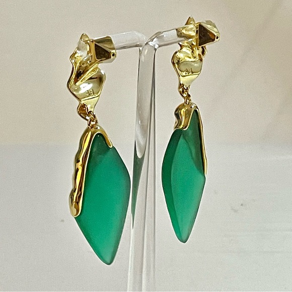 ALEXIS BITTAR Dangle Earrings Long 3” Gold Emerald Green Lucite Signed - Picture 4 of 5
